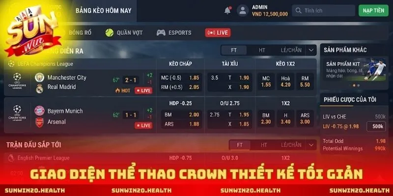 Giao diện thể thao Crown thiết kế tối giản